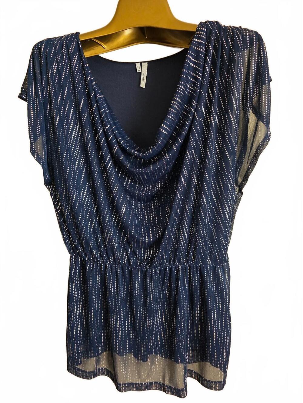Studio Y Navy and Silver Sheer Overlay Blouse with Cowl Neck, Size M, Cocktail